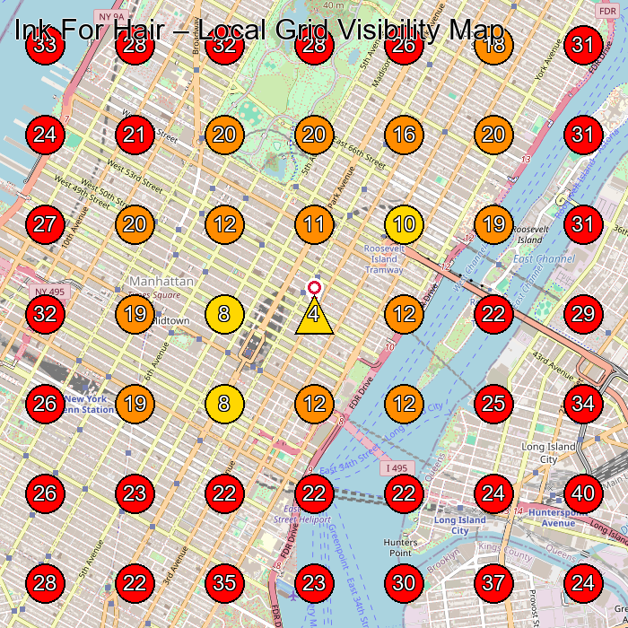 Ink For Hair GeoGrid visibility map for Beauty Salon in New York